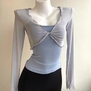 Light Dusty Blue Sheer Super Cropped Bra Top With Long Sleeves & Scalloped Edges